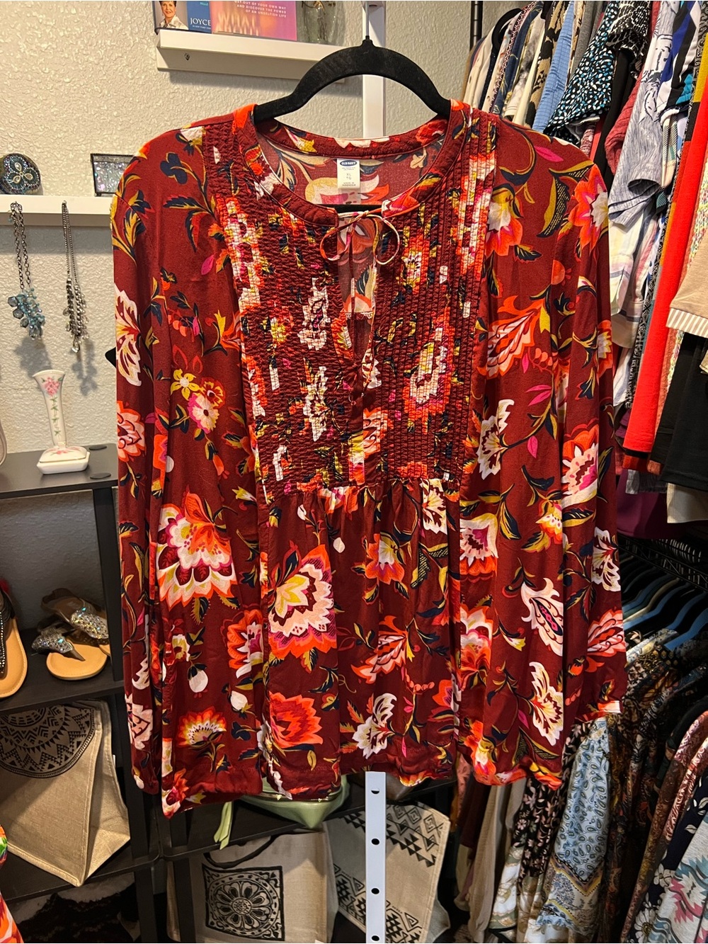 Old Navy Burgundy Floral Smocked Tunic Top